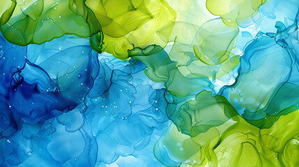 Abstract ocean blue and lime green alcohol ink art with oil paint texture.