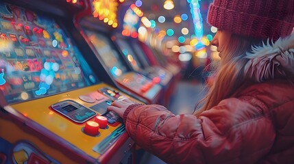 Fototapeta premium Young Woman Captivated by Retro Arcade Game Lights and Controls