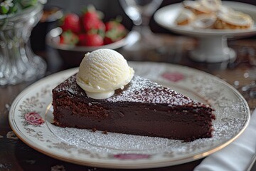 A slice of chocolate cake with a scoop of vanilla ice cream on a vintage plate.