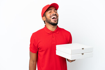 pizza delivery man picking up pizza boxes isolated on white background laughing