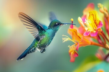 Obraz premium A close-up of a vibrant hummingbird feeding on nectar from a tropical flower