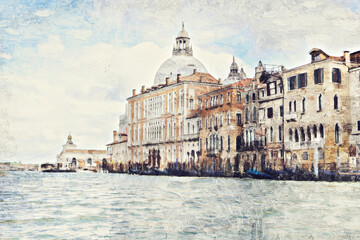 Naklejka premium Impasto oil painting landscape view of Venice famous city at Italy.Venezia Italy.