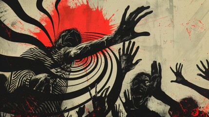 Abstract composition with swirling op-art patterns and zombies.