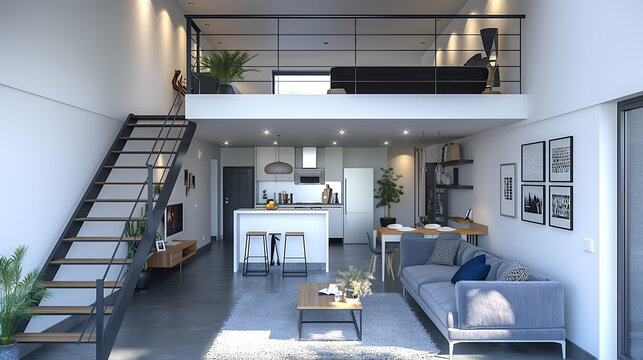 The image shows a modern living room with a high ceiling and a mezzanine