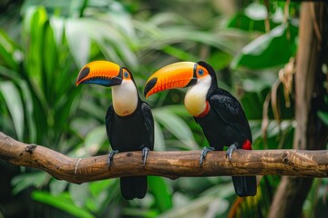 Naklejka premium A pair of exotic toucans perched on a branch, their vibrant feathers shining