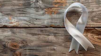 A silver ribbon symbolizing awareness for Parkinson s disease brain disorders and brain cancer is displayed on a rustic wooden background