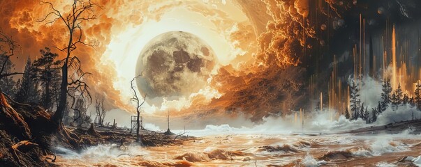 Fototapeta premium An impactful scene of Earth with rivers and lakes visibly polluted by chemical discharges
