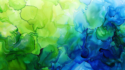 Alcohol ink abstract painting with high-quality oil paint textures in hues of lime green and royal blue.