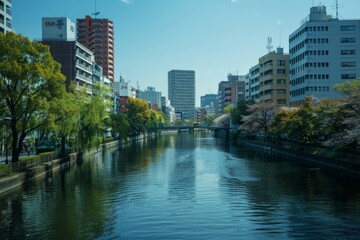 A peaceful river winding through the heart of the waking city