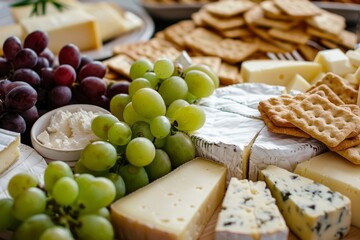 A platter of assorted cheeses, crackers, and grapes, perfect for entertaining