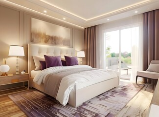 Elegant modern bedroom interior with wooden floor, white bed and wall lighting