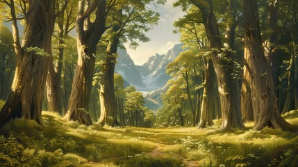 An idyllic forest glade bathed in dappled sunlight, with towering trees creating a canopy overhead and rugged mountains towering in the distance, creating a scene of natural tranquility and beauty