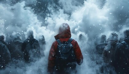 Obraz premium An intense portrayal of a protest against deforestation, with participants breaths visualizing as smoke in the cold air