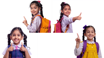 Happy indian kid primary elementary school girl with backpack wearing school uniform