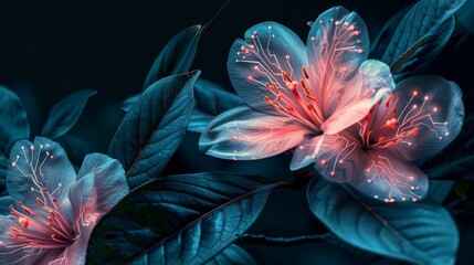flowers in close-up, leaves adorned with electronic circuit patterns, presented on a pure black background
