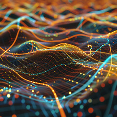 An abstract scene of digital nodes connected by vibrant ochre and cyan lines in a virtual network.