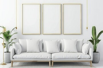 Modern White Living Room featuring Empty Picture Frame Design Template