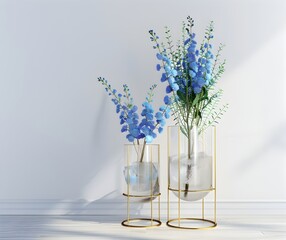 Modern glass and gold metal flower stand with two vases filled with ice cubes on top of each other