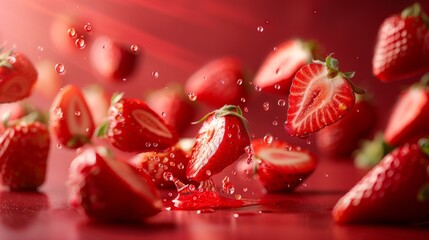 Dynamic and vivid display of strawberries with droplets in mid-air, perfectly aligned against a deep red background, showcasing their freshness and flavor.