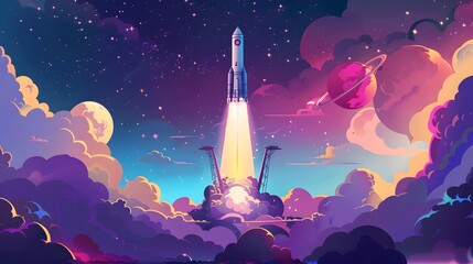 Spaceship takes off into the sky. Rocket starts into space. illustration