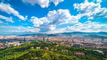 Obraz premium Sweeping Panoramic View of a Bustling Cityscape Amidst Greenery under a Blue Sky with Clouds. Vivid, Urban, Scenic. AI