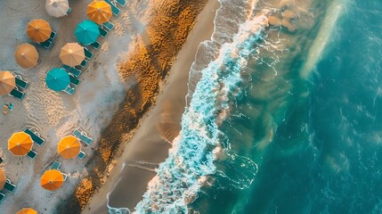 Aerial view of a sandy beach with colorful umbrellas and turquoise waves. Perfect summer vacation scene. Ideal for travel and tourism ads. AI