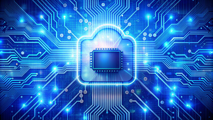 Futuristic chipset processor circuit board digital transformation blue abstract technology background. Innovative tech block chain artificial intelligence cloud computing concept.