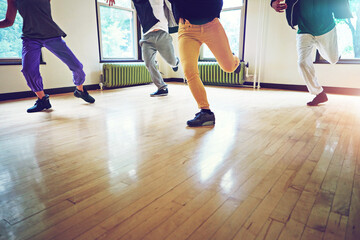 Hip hop, group and practice with motion, studio and freedom for creative art performance. People,...