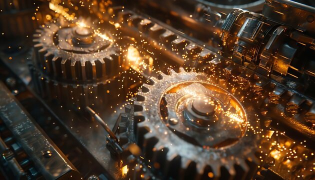 Closeup of a vintage gear system illuminated by sparks from a live electric wire