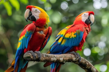 Obraz premium Vibrant macaws perched on tree branches in the rainforest