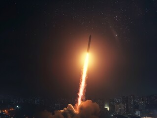 A bright rocket ascends against the night sky above a city landscape, symbolizing progress and exploration.