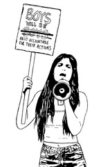 Woman with a load speaker holding a sign reading 