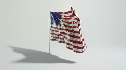 American Flag with shadow on white background. 3D rendering, 3D illustration.