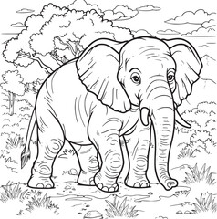 Black and White Cartoon Illustration of Elephant Animal Coloring page for kids and adults. Print design, t-shirt design, tattoo design, mural art, line art.