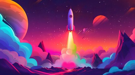 Spaceship takes off into the sky. Rocket starts into space. illustration