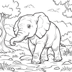 Black and White Cartoon Illustration of Elephant Animal Coloring page for kids and adults. Print design, t-shirt design, tattoo design, mural art, line art.