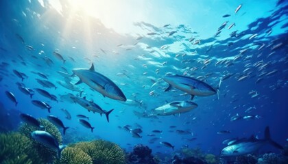 Fototapeta premium Groups of giant Tuna fish in the underwater, coral reef, amazing underwater life, various fish and exotic coral reefs, ocean wild creatures background