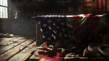 American flag on a wooden table in a dark room with a window