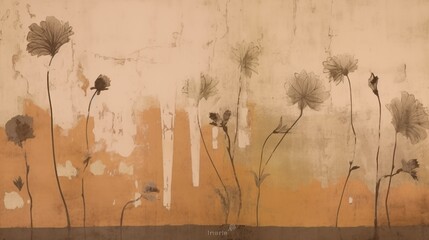 Abstract Floral Silhouettes Against a Sepia-Toned Urban Skyline.