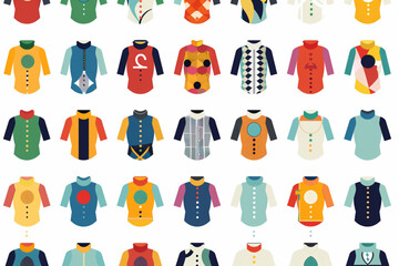 A vector illustration of different horse racing silks in various colors and patterns, arranged on one page with their numbers, perfect for graphic design or print use.