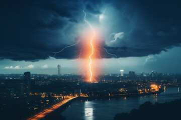 A breathtaking scene of a powerful lightning bolt striking over an urban skyline at night, with storm clouds and city lights.
