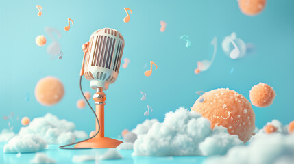 Retro microphone with floating musical notes and clouds, whimsical concept