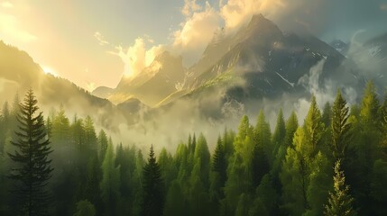A breathtaking 4K landscape featuring majestic mountains towering above a dense forest of vibrant green trees, with sunlight peeking through the clouds, illuminating the scene in golden hues