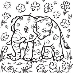 Black and White Cartoon Illustration of Elephant Animal Coloring page for kids and adults. Print design, t-shirt design, tattoo design, mural art, line art.