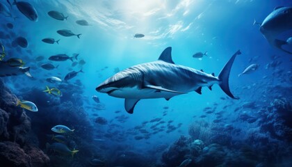 Groups of giant Tuna fish in the underwater, coral reef, amazing underwater life, various fish and exotic coral reefs, ocean wild creatures background
