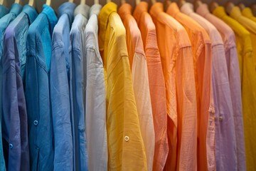 Vibrant Collection of Colorful Shirts Hanging on a Rack in a Stylish Boutique Display