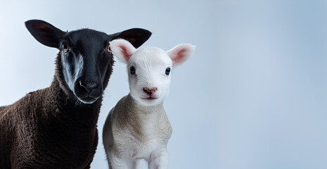 Fototapeta premium Black sheep and cute white lamb together, looking at camera. Copy space on the right.