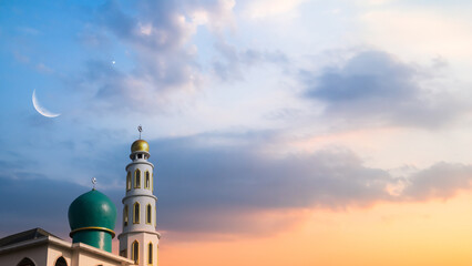 Masjid Dome Islam Moon Star Night Isra miraj Namaz Sunset Background Mubaruk Greeting Islam Ramadan...
