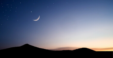 Islam Moon Star Night Isra miraj Namaz Desert Sunset Background Mubaruk Greeting Islam Ramadan...