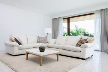 Modern, clean minimalist living room with big windows.